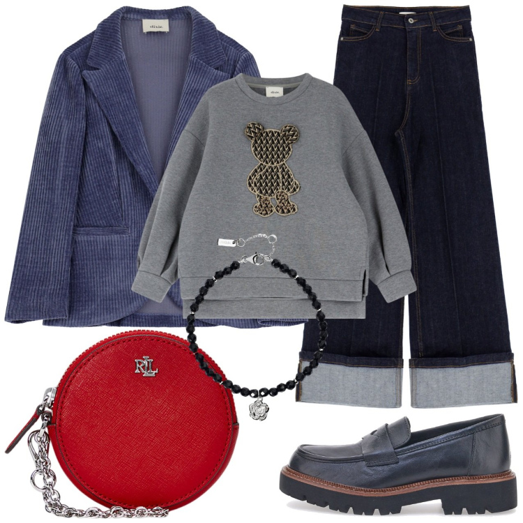 Outfit donna - Maglione grigio con disegno. Stile Casual per Scuola/Università. Abbinamento con braccialetti, blazer, felpe, jeans, pochette, mocassini.