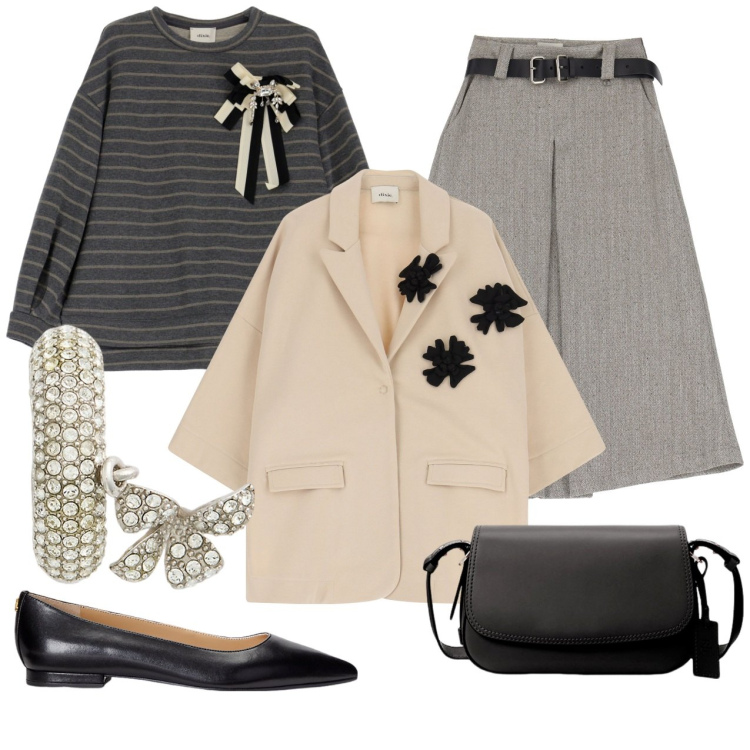 Outfit donna - Maglione grigio righe con fiocco. Stile Bon Ton per Tutti i giorni. Abbinamento con maglieria, blazer, gonne, ballerine, borse a spalla, orecchini.