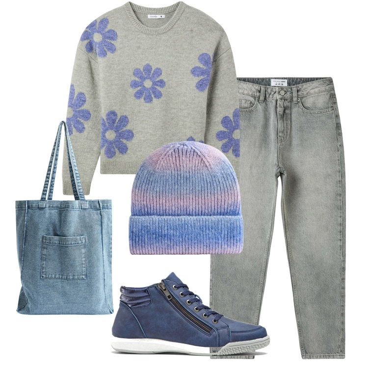 Outfit donna - Maglioncino grigio e lilla. Stile Romantica per Tutti i giorni. Abbinamento con sneakers alte, maglieria, jeans mom, shopping bag, berretti.