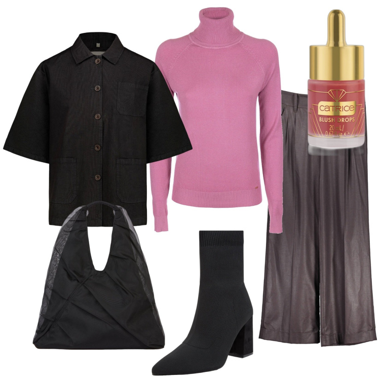 Outfit donna - Va bene alle 17?. Stile Casual chic per Tutti i giorni. Abbinamento con blush, stivaletti, maglieria, blazer, pantaloni, shopping bag.
