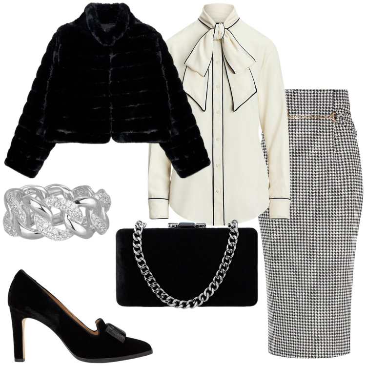 Outfit donna - Total look #2006779. Stile Chic per Serata fuori. Abbinamento con anelli, gonne longuette, camicie, clutch, décolleté, blazer.
