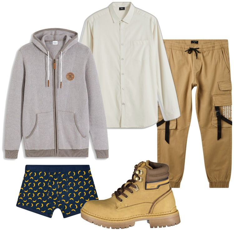 Outfit uomo - Che fai oggi?. Stile Trendy per Tutti i giorni. Abbinamento con camicie, cardigans, boxer, pantaloni cargo, stivali.