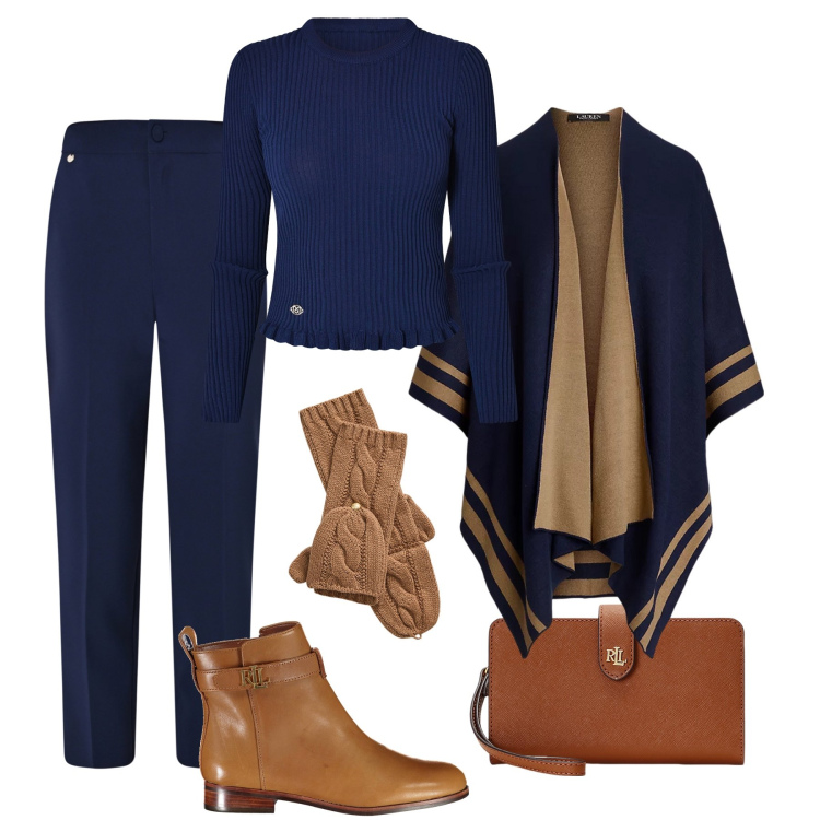 Outfit donna - La mantella double-face. Stile Glamour per Ufficio. Abbinamento con pantaloni, maglieria, pochette, cappe, guanti, stivali.