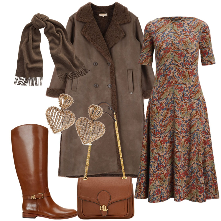 Outfit donna - Total look #2006782. Stile Casual chic per Tutti i giorni. Abbinamento con cappotti, sciarpe, vestiti, stivali, borse a spalla, orecchini.
