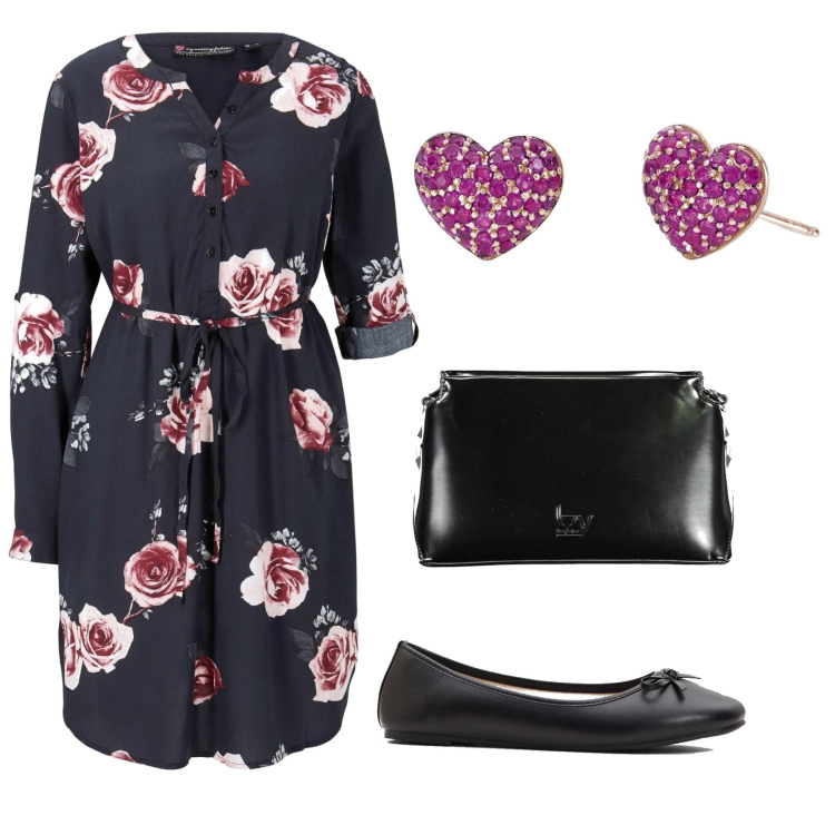 Outfit donna - La Signora delle Rose. Stile Romantica per Tutti i giorni. Abbinamento con vestiti, ballerine, orecchini, borse a tracolla.