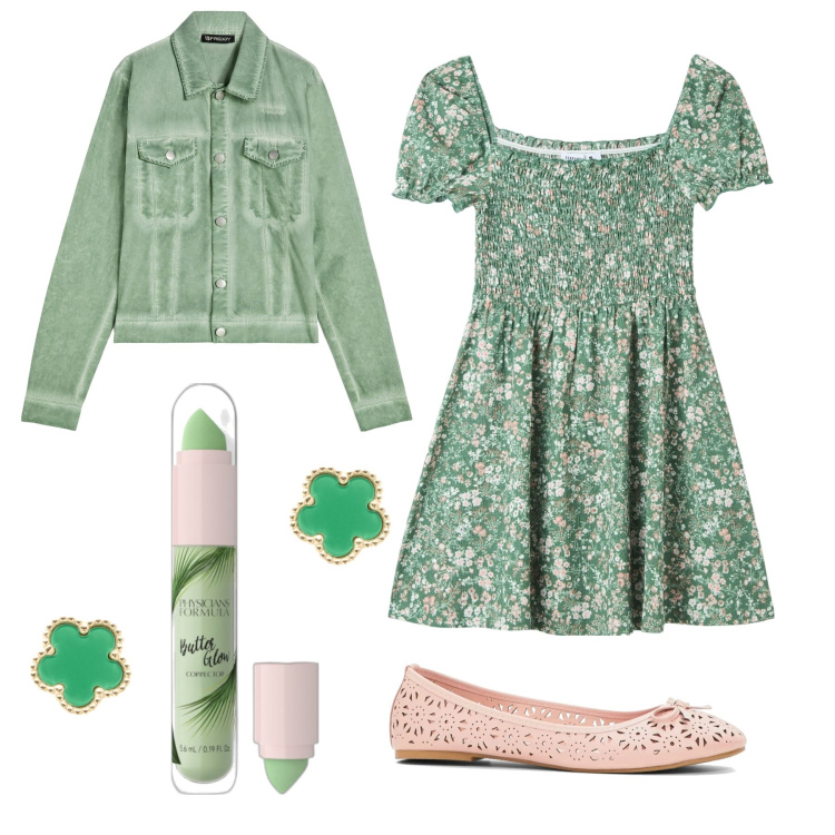 Outfit donna - Romantica in verde e rosa. Stile Romantica per Tutti i giorni. Abbinamento con ballerine, correttori, vestiti corti, blazer, orecchini.