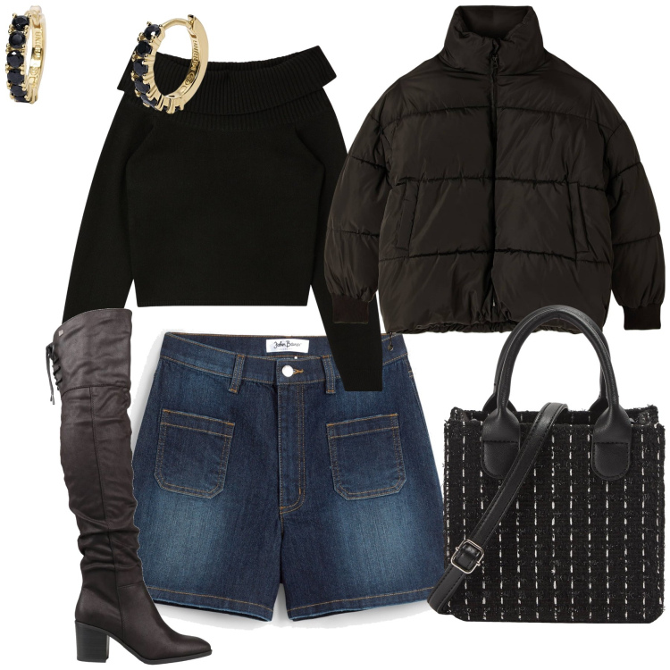 Outfit donna - Total look. Stile Trendy per Tutti i giorni. Abbinamento con stivali, shorts, orecchini, maglieria, piumini, shopping bag.