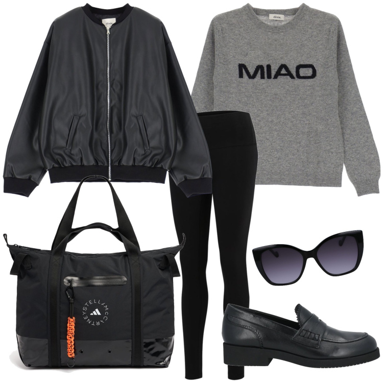 Outfit donna - I love my cat. Stile Casual per Tutti i giorni. Abbinamento con mocassini, leggings, maglieria, bomber, shopping bag, occhiali da sole.