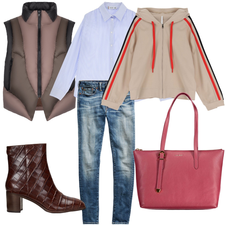 Outfit donna - A strati contro il freddo. Stile Sporty chic per Tutti i giorni. Abbinamento con camicie, felpe con cappuccio, jeans skinny, stivaletti, piumini, borse a spalla.