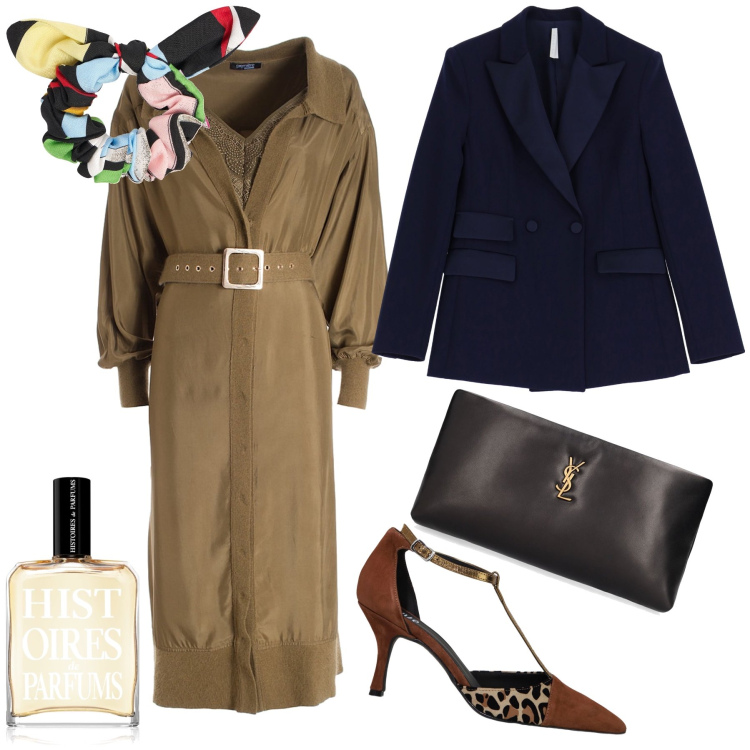 Outfit donna - Stasera ristorante. Stile Trendy per Serata fuori. Abbinamento con profumi, vestiti midi/longuette, blazer, décolleté, pochette, accessori per capelli.
