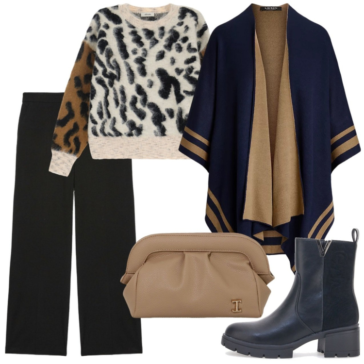 Outfit donna - Pantaloni palazzo neri. Stile Casual chic per Tutti i giorni. Abbinamento con borse a mano, pullovers, cappe, stivaletti chelsea, pantaloni a palazzo.