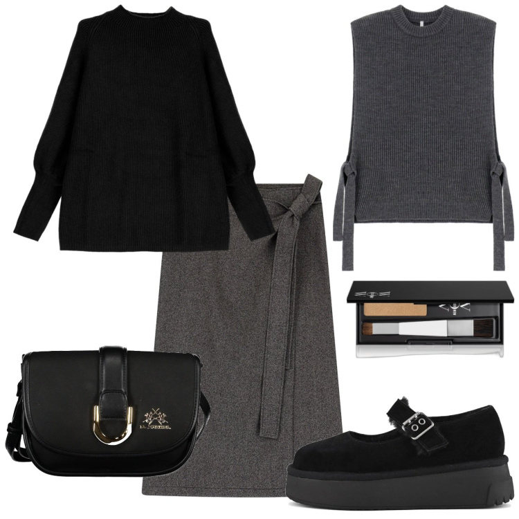 Outfit donna - Gonna grigia con fiocco. Stile Casual chic per Ufficio. Abbinamento con correttori, gilet, maglieria, gonne, décolleté, borse a tracolla.