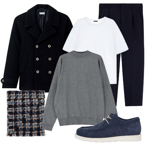 Outfit uomo - Linee pulite e minimal. Stile Casual per Tutti i giorni. Abbinamento con scarpe stringate, cappotti, sciarpe, maglieria, pantaloni, t-shirt.