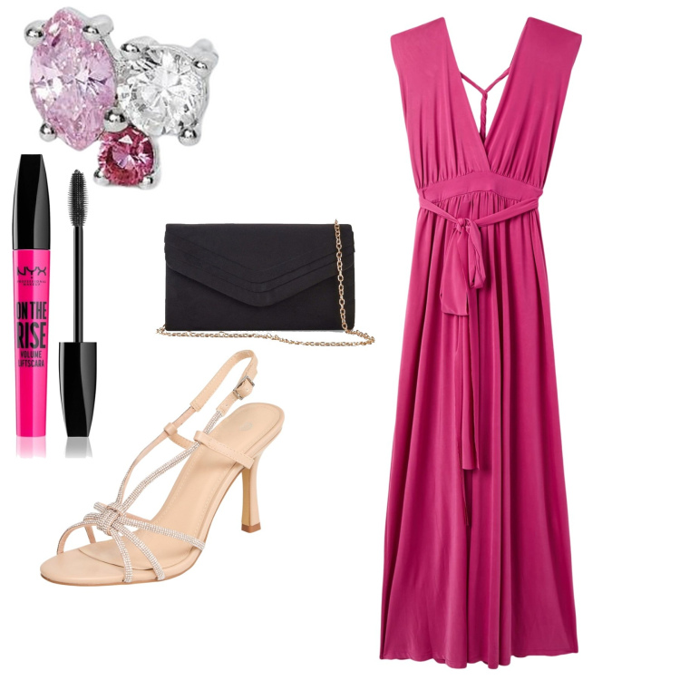 Outfit donna - In abito lungo. Stile Chic per Cerimonia. Abbinamento con pochette, mascara, sandali col tacco, vestiti lunghi, orecchini.