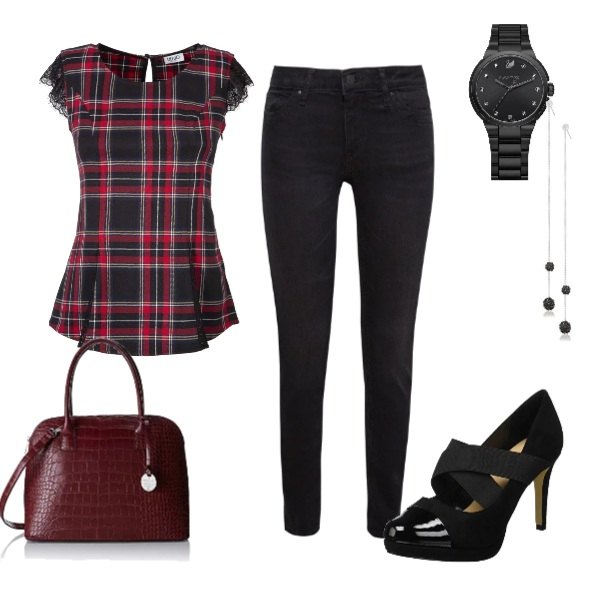 Outfit donna - Total look #200688. Stile Rock Abbinamento con t-shirt con pizzo argento, scarpe col tacco nero, jeans slim fit nero, borsetta rosso, orecchini, orologio.