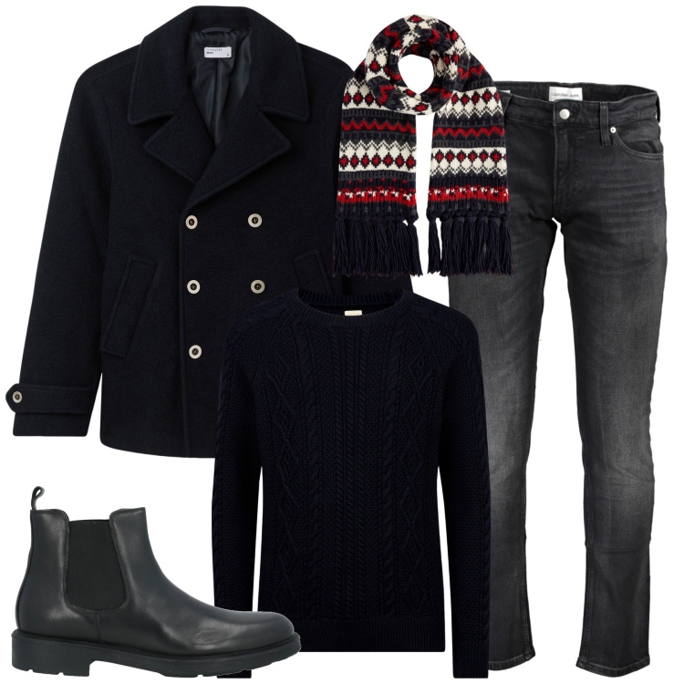 Outfit uomo - City. Stile Urban per Tutti i giorni. Abbinamento con stivali e stivaletti, cappotti, jeans slim fit, maglieria, sciarpe.