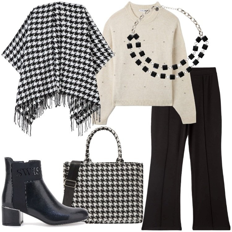 Outfit donna - Pantaloni a palazzo - Focus Donna Curvy. Stile Trendy per Tutti i giorni. Abbinamento con maglieria, pantaloni, cappe, shopping bag, collane, stivaletti.