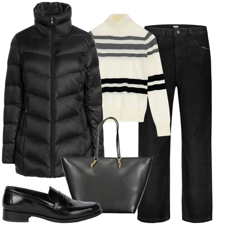 Outfit donna - City. Stile Basic per Tutti i giorni. Abbinamento con piumini, maglieria, jeans, mocassini, borse a spalla.
