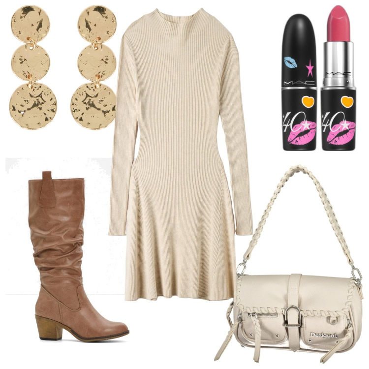 Outfit donna - Total look #2007006. Stile Trendy per Tutti i giorni. Abbinamento con stivali, rossetti, vestiti midi/longuette, borse a spalla, orecchini.