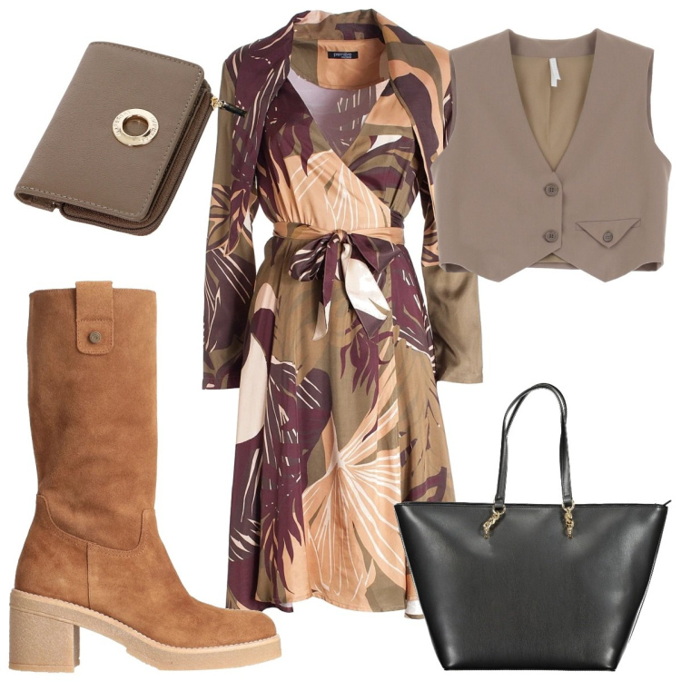 Outfit donna - Total look #2007013. Stile Trendy per Tutti i giorni. Abbinamento con stivali, vestiti midi/longuette, portafogli, gilet, borse a spalla.