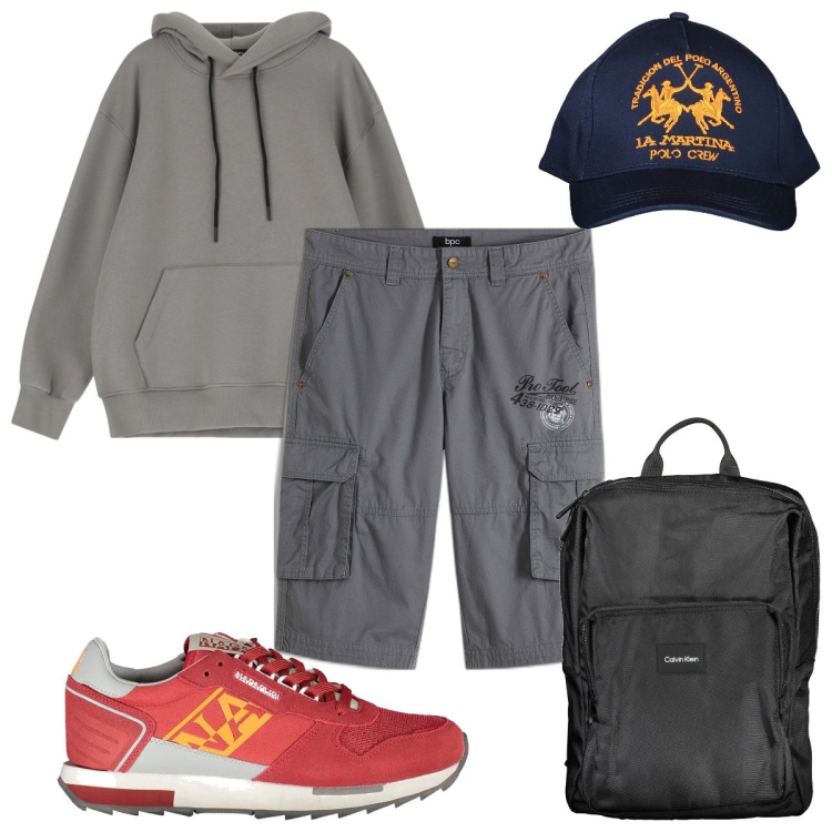 Outfit uomo - Total look #2007020. Stile Casual per Tutti i giorni. Abbinamento con bermuda, felpe con cappuccio, sneakers, borse sportive, cappelli con visiera.