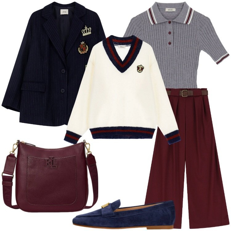 Outfit donna - Dixie URBAN EDIT. Stile Preppy per Tutti i giorni. Abbinamento con pantaloni a palazzo, blazer, maglieria, pullovers, mocassini, borse a tracolla.