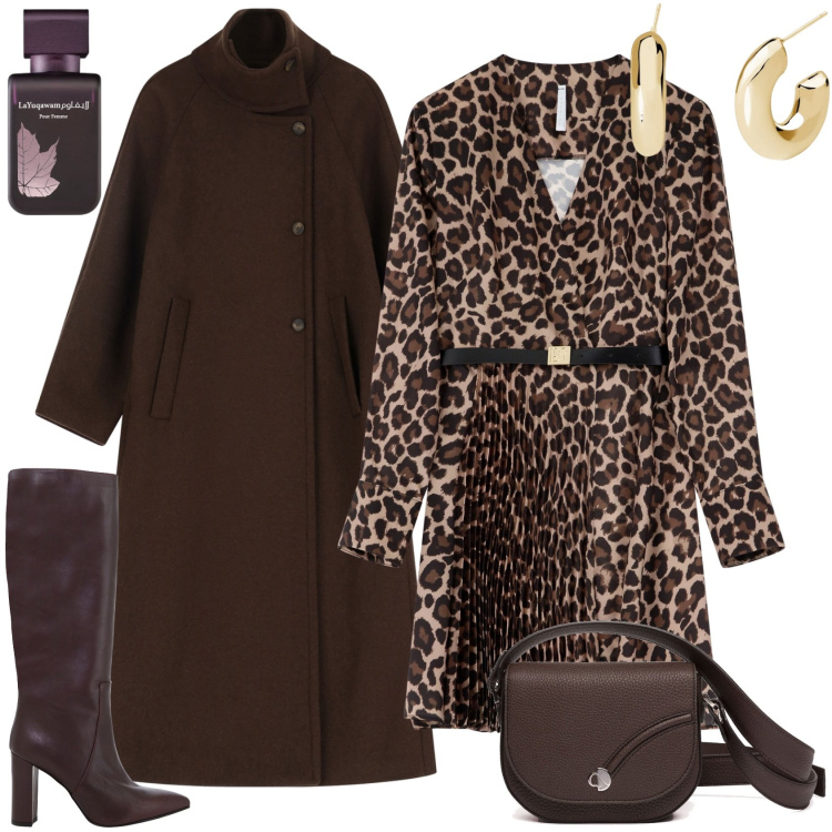 Outfit donna - Marrone chic. Stile Casual chic per Tutti i giorni. Abbinamento con profumi, orecchini, vestiti, cappotti, stivali, borse a tracolla.