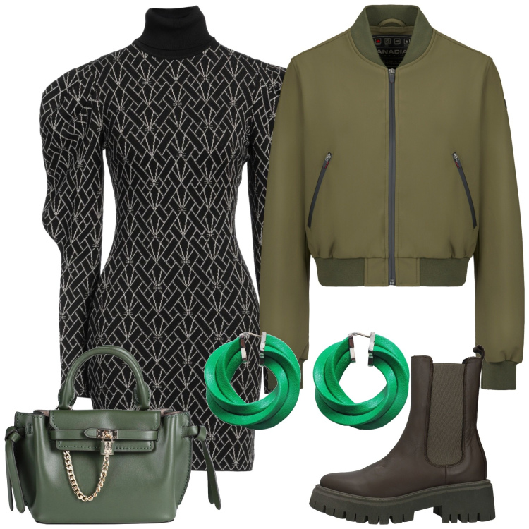 Outfit donna - Modernissima. Stile Urban per Tutti i giorni. Abbinamento con vestiti corti, orecchini, stivaletti, borse a mano, bomber.
