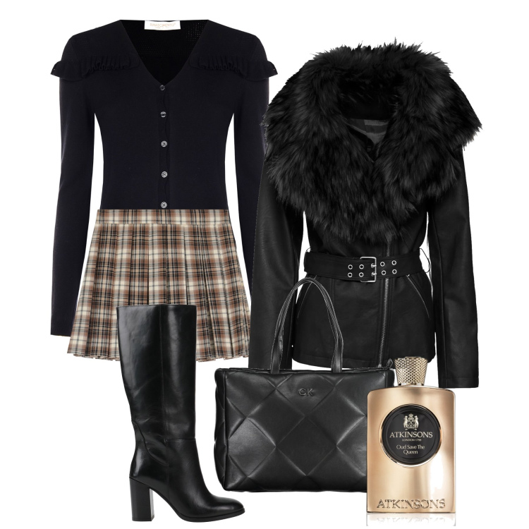 Outfit donna - La mini scozzese per la sera. Stile Trendy per Serata fuori. Abbinamento con blazer, stivali, profumi, cardigans, minigonne, borse a spalla.