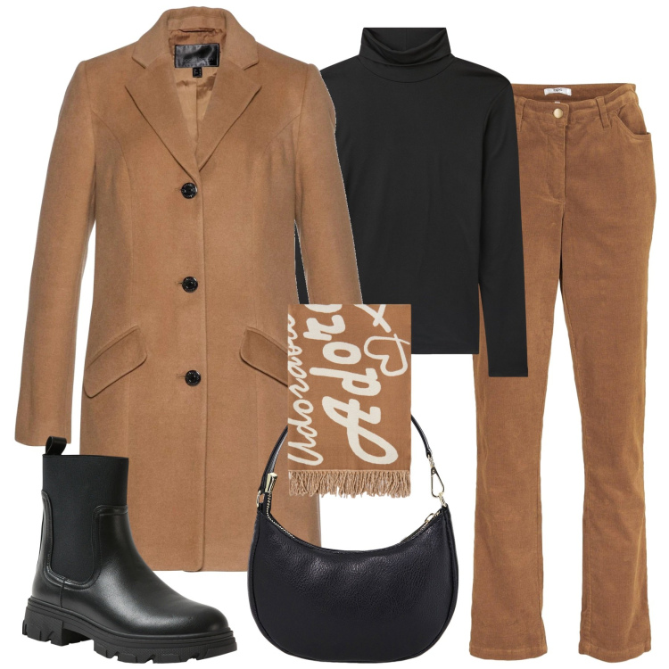 Outfit donna - City. Stile Casual chic per Tutti i giorni. Abbinamento con pantaloni, cappotti, stivaletti chelsea, maglieria, borse a spalla, sciarpe.