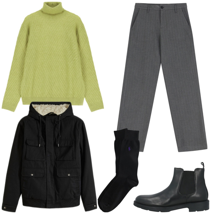 Outfit uomo - Mix and match. Stile Trendy per Ufficio. Abbinamento con piumini, stivali e stivaletti, maglieria, pantaloni, calzini.