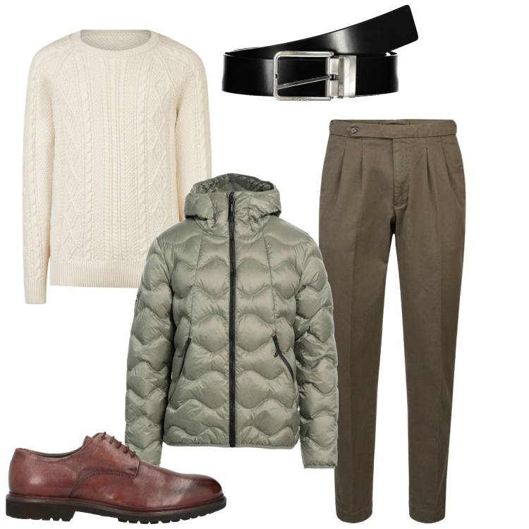 Outfit uomo - Minimal con classe. Stile Trendy per Tutti i giorni. Abbinamento con piumini, scarpe stringate, pantaloni, maglieria, cinture.