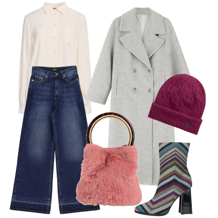 Outfit donna - Stivaletti rainbow. Stile Casual chic per Ufficio. Abbinamento con stivaletti, camicie, borse a mano, cappotti, berretti, jeans.