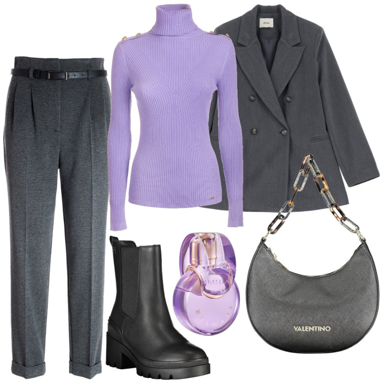 Outfit donna - Dolcevita. Stile Mannish per Ufficio. Abbinamento con profumi, pantaloni, maglieria, blazer, stivali, borse a spalla.
