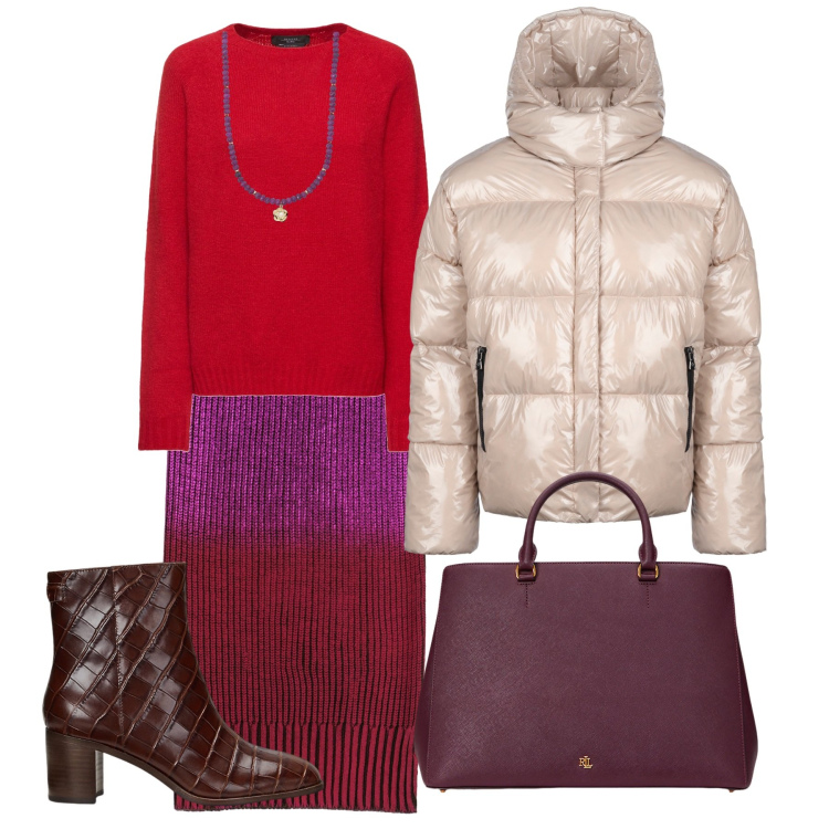 Outfit donna - Roso e viola strepitoso. Stile Chic per Tutti i giorni. Abbinamento con collane, gonne, borse a mano, stivaletti, blazer, maglieria.