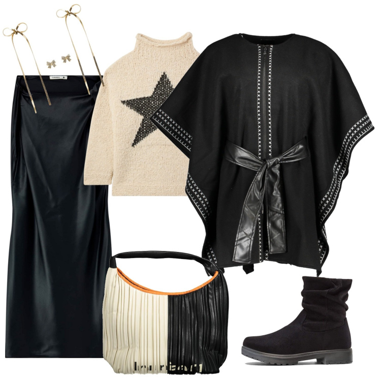 Outfit donna - Idea Natale 1. Stile Rock per Tutti i giorni. Abbinamento con stivaletti, vestiti corti, maglieria, orecchini, cappotti, borse a spalla.