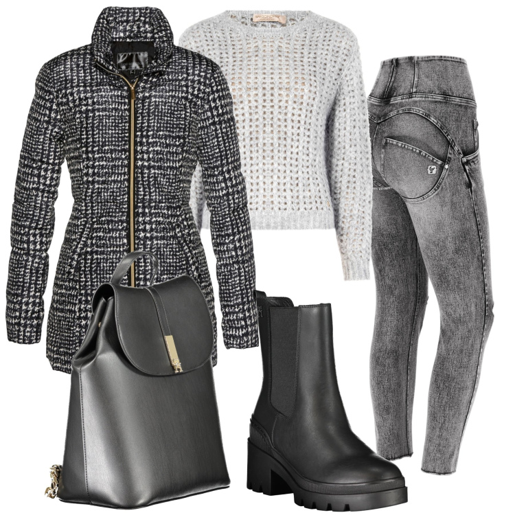 Outfit donna - Casual grey. Stile Casual per Tutti i giorni. Abbinamento con giacche, maglieria, jeans skinny, stivali, zaini.