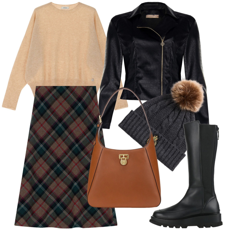 Outfit donna - Tartan rock. Stile Rock per Tutti i giorni. Abbinamento con stivali, giacche, borse a spalla, berretti, gonne lunghe, pullovers.