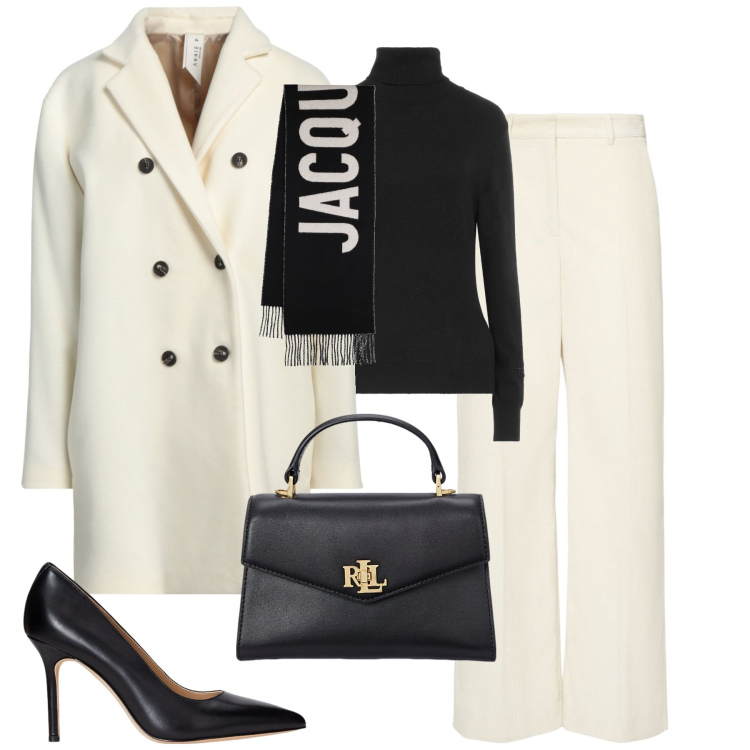 Outfit donna - Black and White. Stile Chic per Tutti i giorni. Abbinamento con cappotti, maglieria, borse a mano, décolleté, pantaloni, sciarpe.