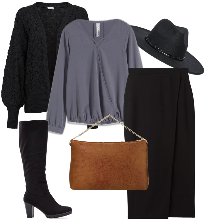 Outfit donna - Il cappello a tesa larga. Stile Bon Ton per Serata fuori. Abbinamento con cardigans, stivali, bluse, gonne longuette, pochette, cappelli.