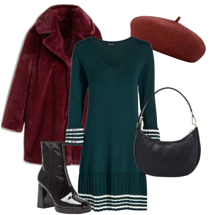 Outfit donna - Il basco bordeaux. Stile Bon Ton per Serata fuori. Abbinamento con ecopellicce, vestiti, stivaletti, borse a spalla, cappelli e berretti.