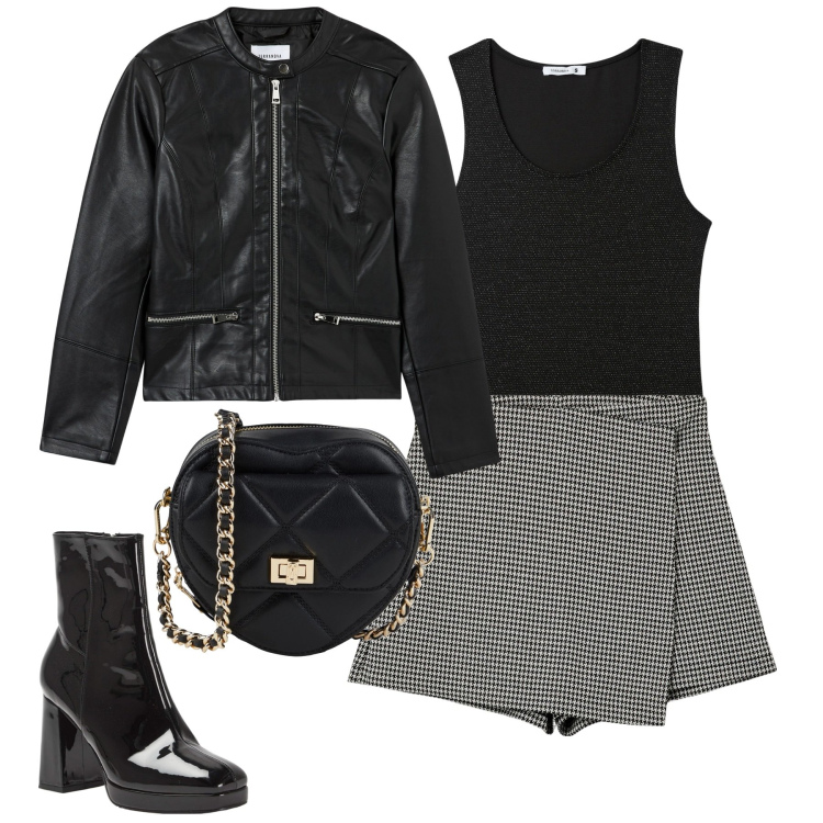 Outfit donna - City. Stile Trendy per Tutti i giorni. Abbinamento con borse a tracolla, minigonne, canottiere, blazer, stivaletti.
