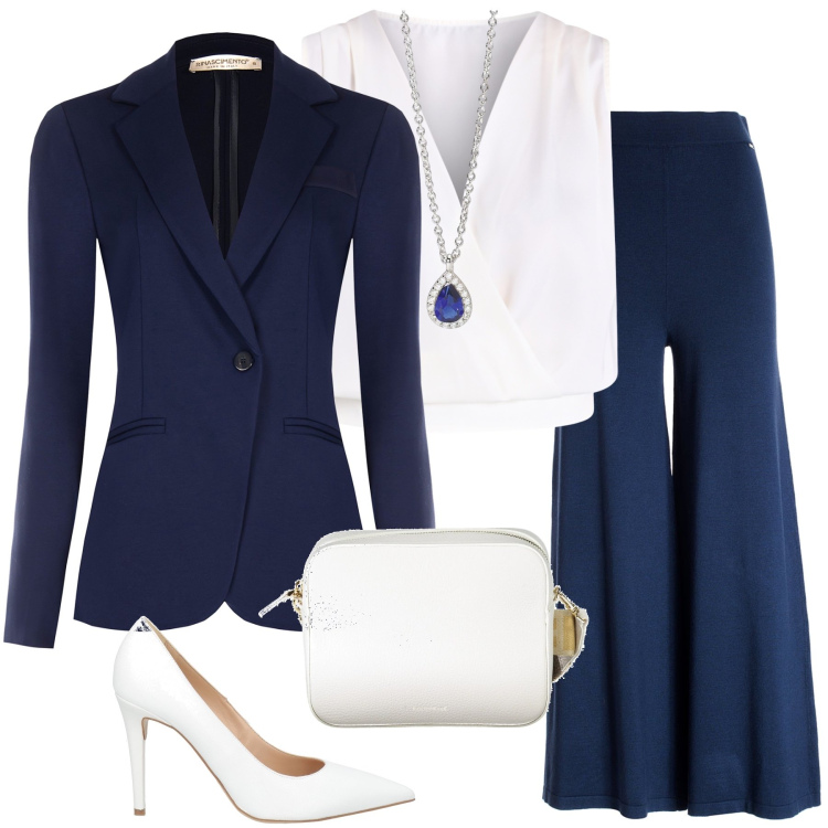 Outfit donna - Completo blu scuro. Stile Chic per Cerimonia. Abbinamento con décolleté, collane, top, blazer, pantaloni, borse a tracolla.