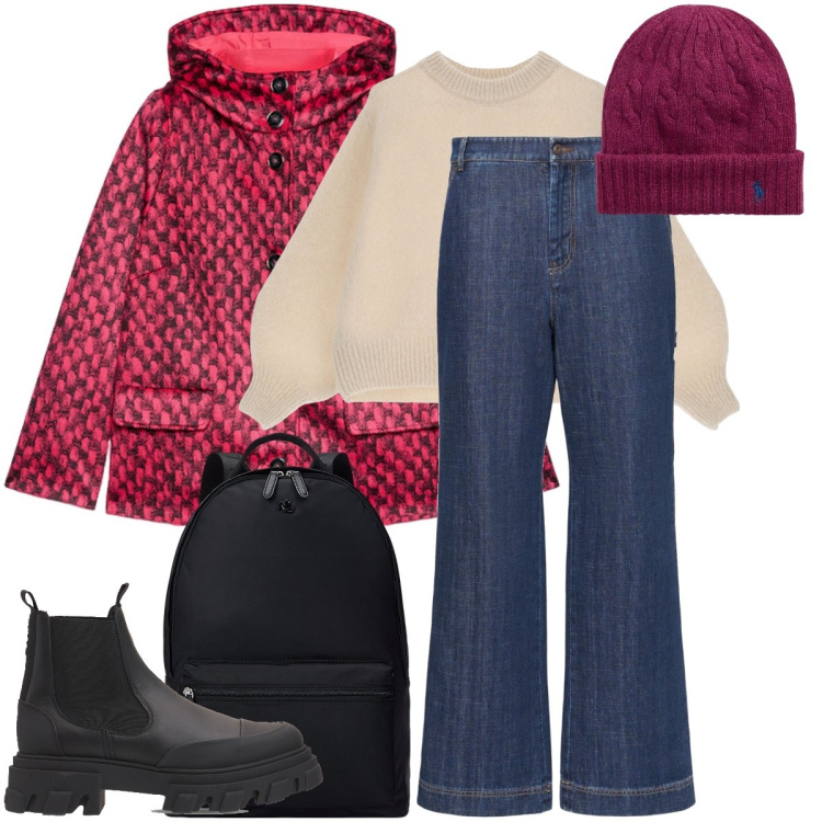 Outfit donna - Il berretto color amarena. Stile Urban per Scuola/Università. Abbinamento con pullovers, zaini, berretti, jeans, stivaletti chelsea, blazer.