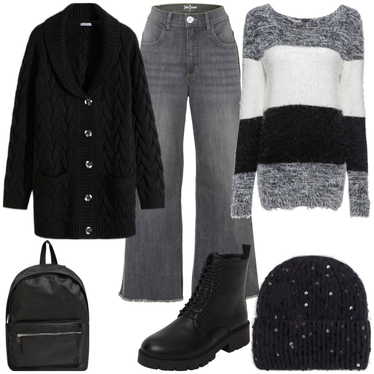 Outfit donna - Total look #2007267. Stile Casual per Tutti i giorni. Abbinamento con maglieria, cardigans, jeans, zaini, berretti, anfibi.