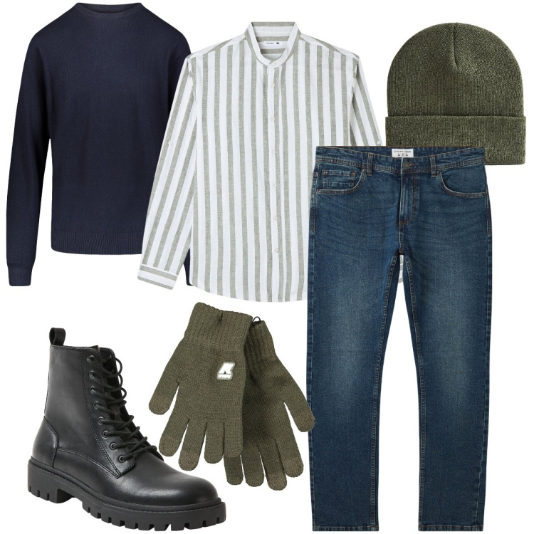 Outfit uomo - Abbinamento di accessori. Stile Urban per Ufficio. Abbinamento con jeans, camicie, berretti, anfibi, maglieria, guanti.