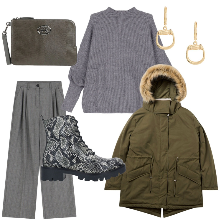 Outfit donna - Stampa serpente. Stile Basic per Ufficio. Abbinamento con stivaletti, borse a mano, parka, pantaloni, maglieria, orecchini.