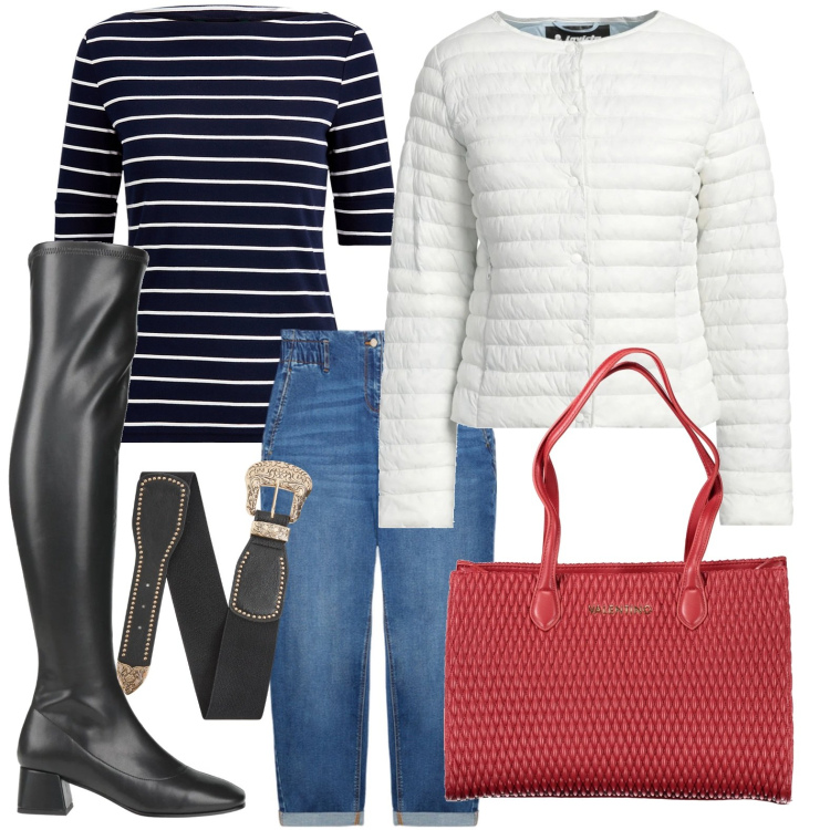 Outfit donna - Stivali cuissardes. Stile Minimal per Tutti i giorni. Abbinamento con piumini, stivali sopra il ginocchio, cinture, maglieria, jeans, borse a spalla.