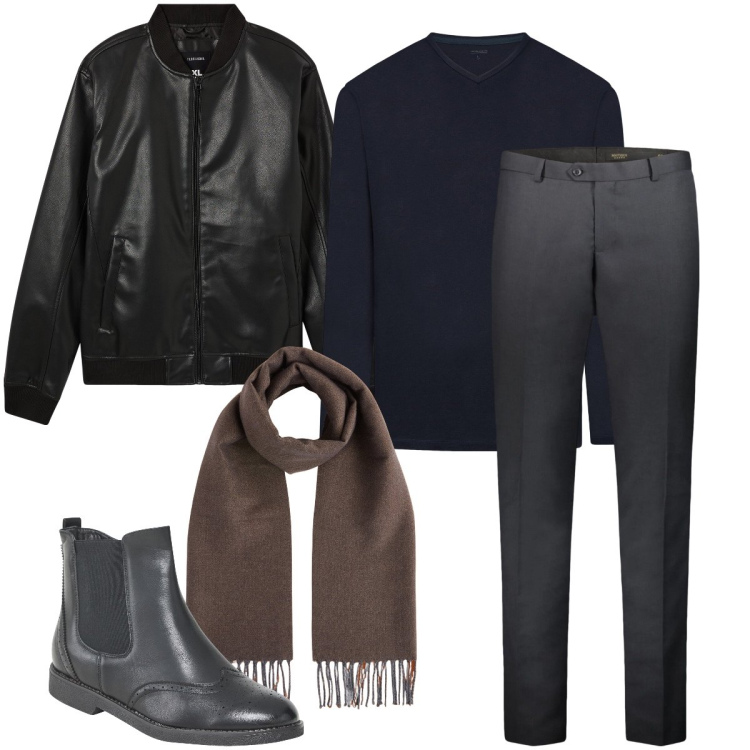 Outfit uomo - Serata romantica. Stile Business/Elegante per Serata speciale. Abbinamento con bomber, stivali e stivaletti, pantaloni, t-shirt, sciarpe.