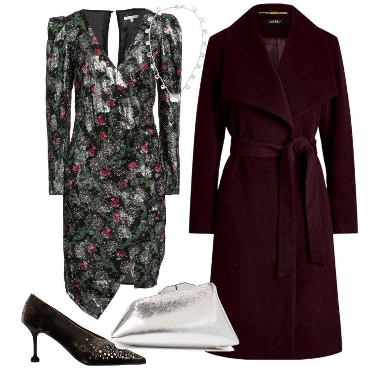 Outfit donna - Serata fuori. Stile Glamour per Serata fuori. Abbinamento con vestiti midi/longuette, décolleté, cappotti, collane, pochette.